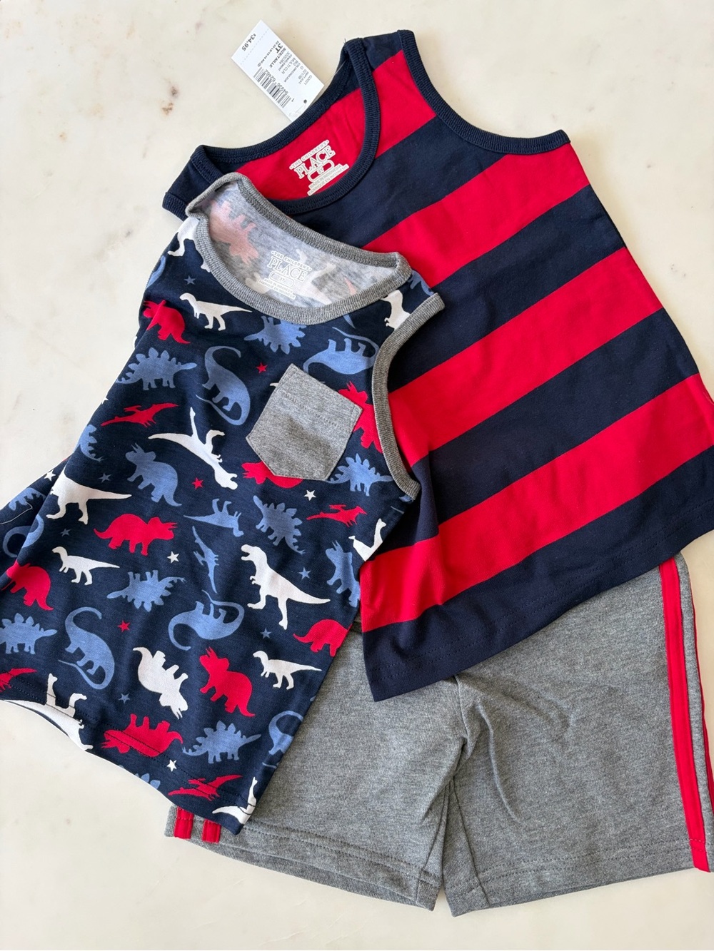The Children's Place Gray and Navy Dino Striped Tank Top Set